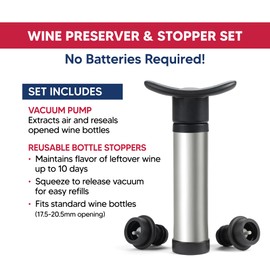 HIC Kitchen Bar Wine Saver Vacuum Sealer Pump And Stopper Set, 3-Piece Wine Preservation System, Vacuum Seals Opened Bottles To Maintain Flavor And Freshness