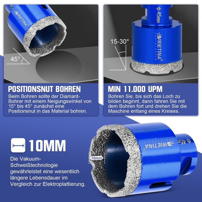 5 x Diamond Tile Drill Bits HV 10000+ Hardness, 6|6|8|10|20
