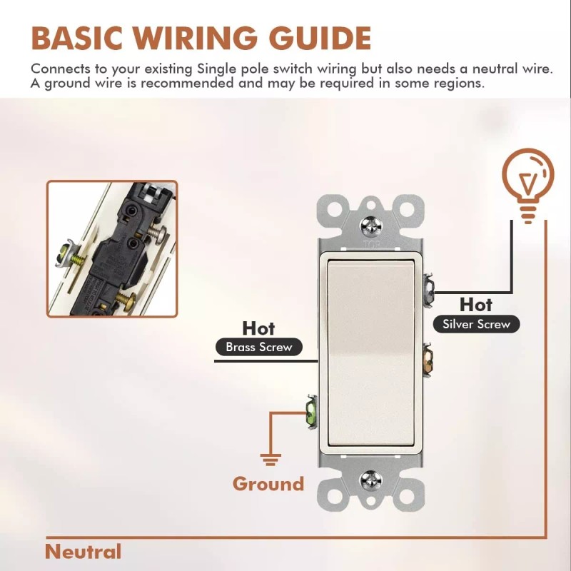 Maxbright Decora Light Switch Ivory Single Pole Paddle Rocker UL