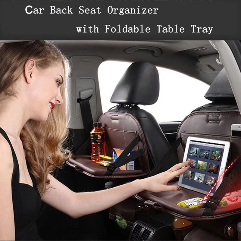 ASENDIWAY Premium PU Leather Backseat Seat Organizer with Foldable Table,