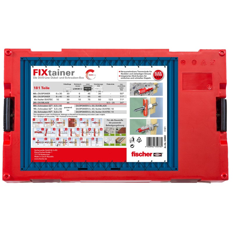 fischer FixTainer DuoLine, Dowel and Screw Box with 181 Screws,