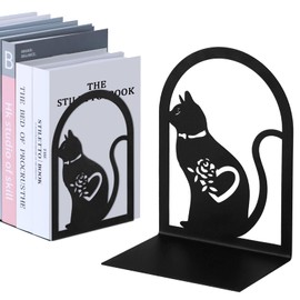 Aertiavty 2 Pcs Bookends for Shelves, Heavy-Duty Morden Cat Book Ends, Non-Skid Metal Bookends, 1 Pair Large Decorative Book Holder for Home and Office, Black Book Stopper, Heart Cat