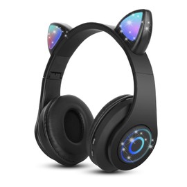 Sendowtek Bluetooth Over-Ear Kopfhörer Schwarz Mädchen Katzenohr Kopfhörer RGB-licht Faltbare Stereo Kabellose Kopfhörer Headset für Kinder Teleskopmikrofon mit Geräuschunterdrückung für Laptop/PC/TV