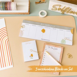 Papierdrachen Weekly Planner - 3 Writing Pads for Notes and To Do List - Daily Planner Springflower - Ideal for School, Work, University and Household - 10.5 x 29.7 cm | DIN A6 | DIN A7 - Set 4