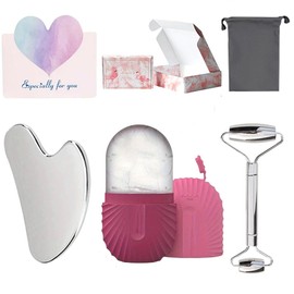 Herramientas de masaje facial: tabla y rodillo gua sha, soporte de hielo de silicona: reutilizable, bonita caja de regalo, no necesita electricidad, f