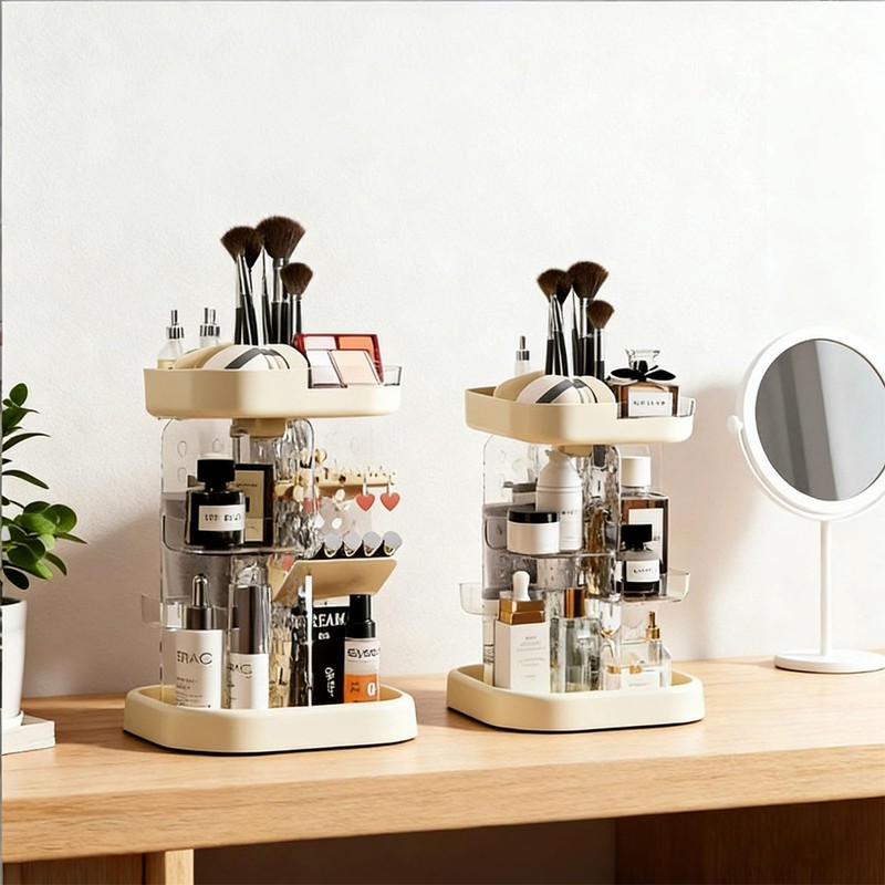 360 Spinning Rotating Makeup Organizer for Vanity with Adjustable Trays