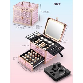 Qislee Nail Polish Case with Drawer, Detachable LED Mirror,Waterproof Travel Jewelry Box with Adjustable Dividers Magnetic and Lighted makeup organizer(Sparkling Pink)