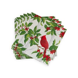 Holly And Songbirds White & Silver Cocktail Napkins - 20 Per Package