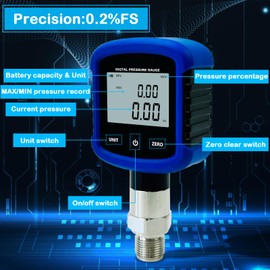 High Precision Digital Hydraulic Industrial Pressure Gauge 0.2% FS Accuracy Air Manometer 1/4 Inch NPT Thread, Battery Powered, Bluetooth Connection and 330° Rotation (60psi)