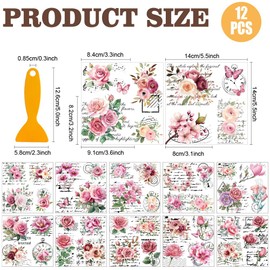 AHANDMAKER 12 Sheets Rub On Transfer Stickers with Scraper, Vintage Floral Stickers with Pink Flowers, Butterflies for Bookstore, Study Room, Nursery School, Window Decoration, 5.5x5.5
