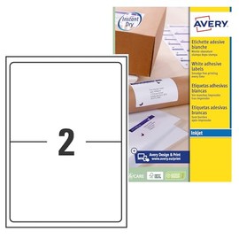 Avery Smudge Free, Printable, Address Labels, Quickdry, 199.6 x 143.5 mm, White, 2 A5 Stickers per Sheet, 50 Blank Labels per Pack (J8168-25)