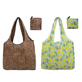 Long Keeper Pack of 2 Reusable Shopping Bags Large Foldable Shopping Bag Washable Travel Shopping Bags Lightweight Portable Shopping Bags, Leopard + Light Blue Lemon, L