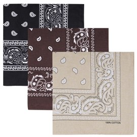 Raylarnia 100% Cotton Large Bandanas for Men and Women, 22 Inch Paisley Bandana with Multiple Colors (Black/Khaki/Brown)