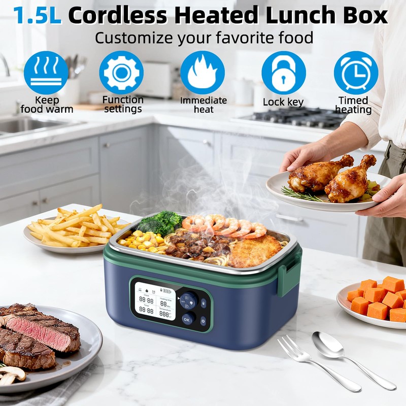 Qtyatvmoto Cordless Electric Lunch Box, 100W Rechargeable Heated Lunch Box