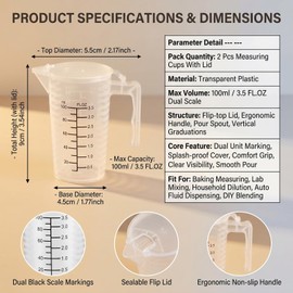 2 Pack Measuring Cup With Lid 100ml PP Black Graduated Kitchen