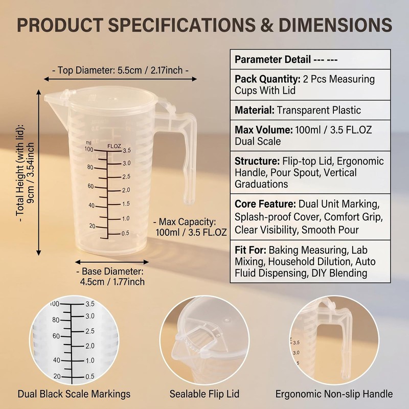 2 Pack Measuring Cup With Lid 100ml PP Black Graduated