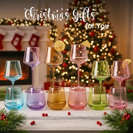 Physkoa Colored Wine Glasses Set of 6-16oz Hand Blown Crystal Colorful Wine Glasses with Long Stem, Multicolor Wine Glass for Wine Lovers, Wedding, Birthday, Christmas Gifts for Women