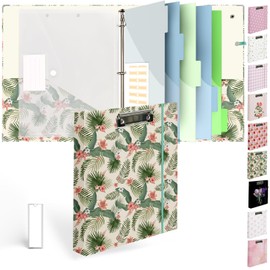 Etzul 3 Ring Binder 1 inch with Clipboard - Tropical Palm Leaf Design, Includes Dividers, File Bag & Spine Label - Perfect for School, Office, and Organization, Holographic Waterproof Film