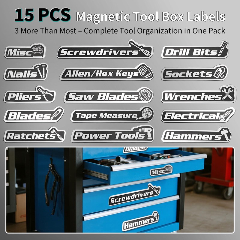 15 Pack Magnetic Toolbox Labels, Tool Box Labels with Magnetic，Toolbox