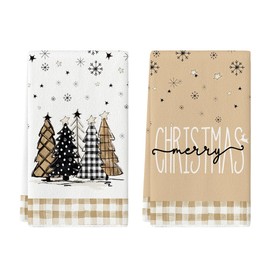 Artoid Mode Brown Buffalo Plaid Xmas Tree Merry Christmas Kitchen Towels Dish Towels, 18x26 Inch Snowflakes Winter Decoration Hand Towels Set of 2
