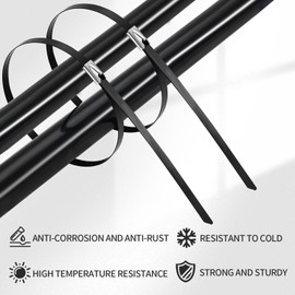 MAIDUNSI Metal Zip Ties black 100pcs 11.8 inch 304Stainless steel Epoxy Coated Cable Tie Multi-purpose Self-locking Cable Ties used for machinery, vehicles, farms, cables, pipesas well as Outdoor binding