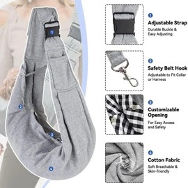Small Dog Sling Carrier, Hands Free Reversible Pet Carrier Tote, Adjustable Cat Sling Carrier with Safety Belt and Extra Pockets, Perfect for Carrying Small Dogs and Cats Up to 16 lbs (Grey)