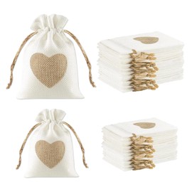 TPTGIAR Pack of 20 Heart Jute Bags, Small, Reusable Bags for Filling, Small Bags with Drawstring, 2 Sizes of Gift Bags for Birthday, Wedding, Children's Party