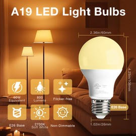 dalattin 20 Pack LED Light Bulbs A19 E26 60 Watt Equivalent Soft White 2700K Warm Light Lightbulbs Indoor Standard 120v 60hz 800 LM Non-Dimmable 80+ CRI UL Listed
