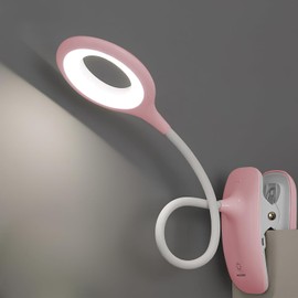 GCDFGV Clip On Reading Light, USB Rechargeable Desk Lamp for Dorm Room Essential, Clip On Light, 3 Color Touch Dimmable, Eye Protect, Pink