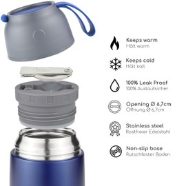 Milu® Thermal Food Container, 450/650/800 ml, Stainless Steel, Warmth Preservation, for Baby Food, Cereals to go, Thermal Lunch Box, Navy (800 ml)