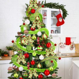 Leitee 109 Pcs Christmas Tree Decorations Glittering Elf Christmas Ball Ornaments Swirl Candy Peppermint Red Green Bow Faux Fur Christmas Ribbon Glitter Christmas Stems Twig for Holiday Party Decor