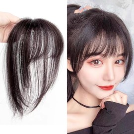 ANKROYU False Fringe, Real Hair Clip in Bangs with Temples, Remy, Natural Hairpiece, Artificial Fringe for Women, One Piece Clip in Fake Pony, Bangs Hair Clip, Air Bangs Hairpiece