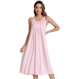 NACHILA Women Nightgowns -Viscose Made from Bamboo, Sleeveless Chemise Soft Sleep Dress Pleated Nightdress Summer Sleepshirt Pink L
