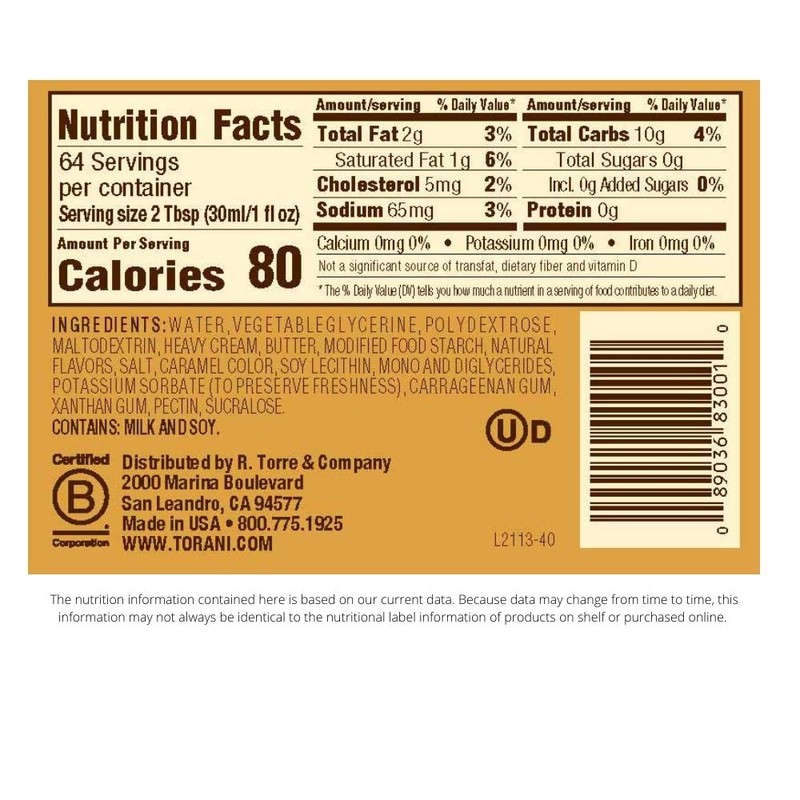 Torani Sugar Free Sauce, Caramel, 64 Ounces