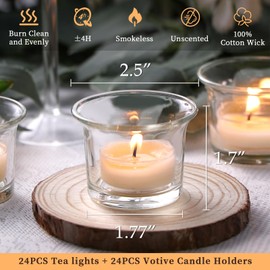 LETINE 24pcs Clear Tealight Candle Holder & 24pcs White, Smokeless, Unscented Soy Wax Tea Candles - Votive Candle Holders, Tea Lights Candles for for Christmas Decorations,Weddings Decor
