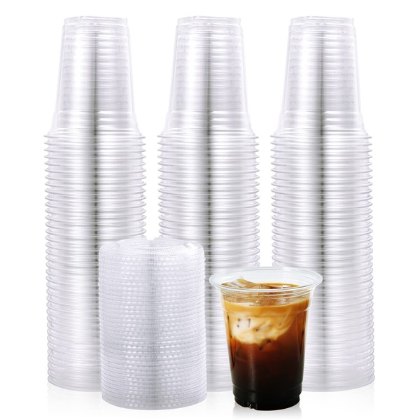Vplus 200 Pack 12 OZ Clear Plastic Cups With Lids, Crystal PET Clear Cups, 12 OZ Cold Disposable Drinking Plastic Cups With Flat Lids, Perfect for Ice Coffee, Smoothie, Juice