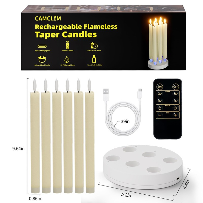 Rechargeable Flameless Taper Candles with Charging Station 6Pcs Real Wax