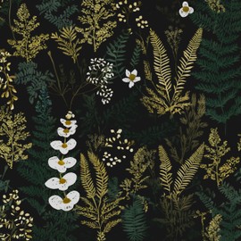 Black Floral Wallpaper Peel and Stick Dark Green Gold Leaf Contact Paper 17.4" x 393" Waterproof Self-Adhesive Forest Tropical Jungle Fern Wall Paper for Bedroom Countertop Desk Cabinets Decor