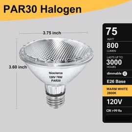 Nioclerce PAR30 Halogen Short Neck 75W 120V 800LM, 2 Pack High Output Halogen PAR30 Dimmable 2800K Warm White, E26 Long Lifespan Short Neck Flood Light Bulb for Recessed, Tracking Lighting