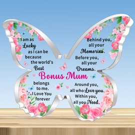 JMIMO Bonus Mum Gifts,Bonus Mum Butterfly Shaped Acrylic Plaque from Daughter Son,Mothers Day Christmas Birthday Gifts Keepsake for Bonus Mum