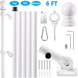 BONWIN White Flagpole Kits, 6 FT Thickened Stainless Steel House Porch Wall Flag Pole Kit for 3x5'/4x6' Flag, 1" Anti-Wrap Spinning Flag Pole Ring Clips & 180° Adjustable Multi-Position Bracket Holder