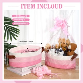 Colingmill 2 Pack Small Baskets for Gifts Empty with Handle Woven Basket with Bags and Ribbons Empty Storage Box Pet Toy Organizer for Baby Birthday Wedding Presents(Mixed Pink,12 x 8 x 5 Inch)