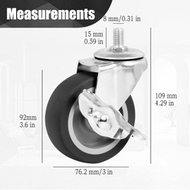 BAISASY Caster Wheels, 3 Inch Stem Casters Set of 4, Heavy Duty Swivel Wheel with Brake, Metric Size M8-1.25-15 (Screw Diameter 8mm, Screw Length 15mm) Casters for Workbench Trolley, Furniture Dolly