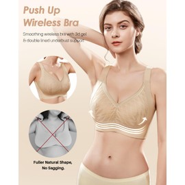LEYSHE Wireless Support Bra Full Coverage Padded Push Up Wireless Bra No Underwire Comfortable Seamless Wireless Bra for Women,Beige,L