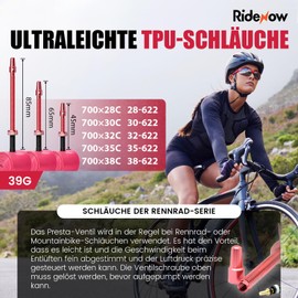RideNow 700C TPU Bicycle Inner Tube Compatible with 700 x 28/30/32/35/38C, Pack of 2 Road Bike Inner Tubes, 39 g, Ultralight All-Road Tube with 45/65/85 mm Presta Valve Made of Metal