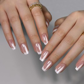 Noerrors French False Nails, Medium Square Aurora Press on Nails, 30Pcs White White Tip Stick on Glossy Glitter Removable Full Cover Acrylic Cover Glue on Nails for Women Girls Art Manicure