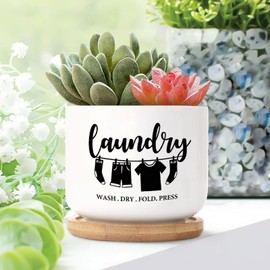 DecStic Laundry Wash Dry Press Planters Ceramic Inspirational Quotes Round Flower Pots with Drainage Holes and Bamboo Tray Pot for Indoor Outdoor Garden