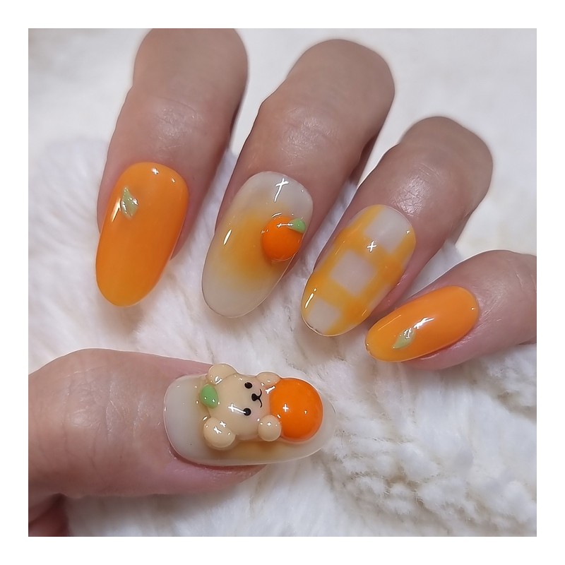 Tangerine bear handmade nail tip - short ballerina / 귤