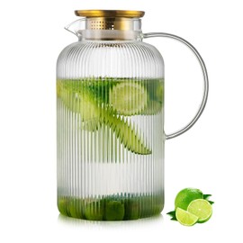 Buaic Glass Pitcher with Lid, 100 oz/ 3 Liter Classic Vertical Stripes Water Pitcher,Glass Water Carafe for Cold Brew, Coffee, Lemonade, Iced Sun Tea,Beverage, Milk, Heat Resistant