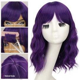 Nnzes Wig Bangs Natural Purple Short Wavy Hair for Women Natural Looking Heat Resistant Bob Wigs with Synthetic Wig for Daily Party Use